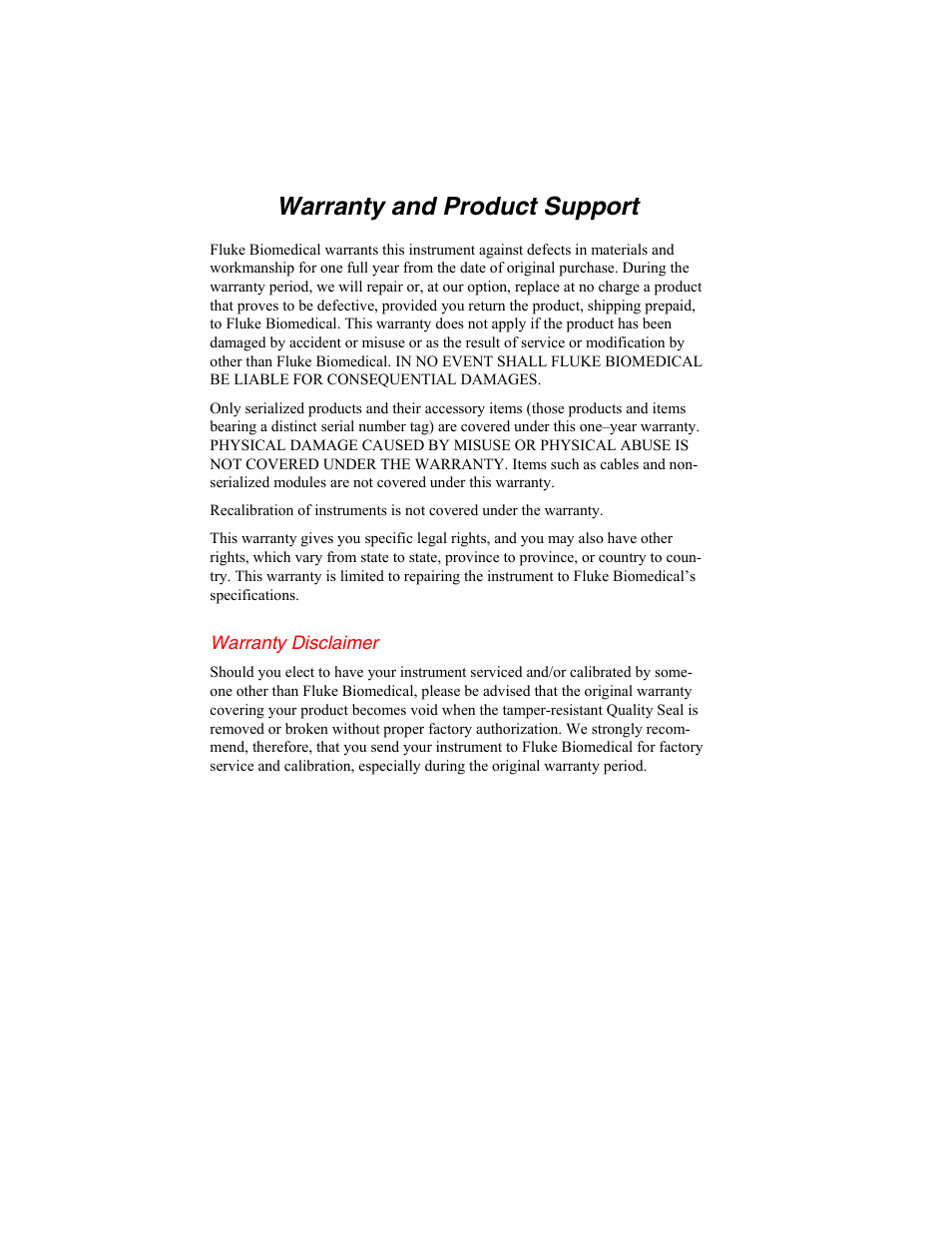 Warranty and product support | Fluke Biomedical HHC3 User Manual | Page 2 / 106