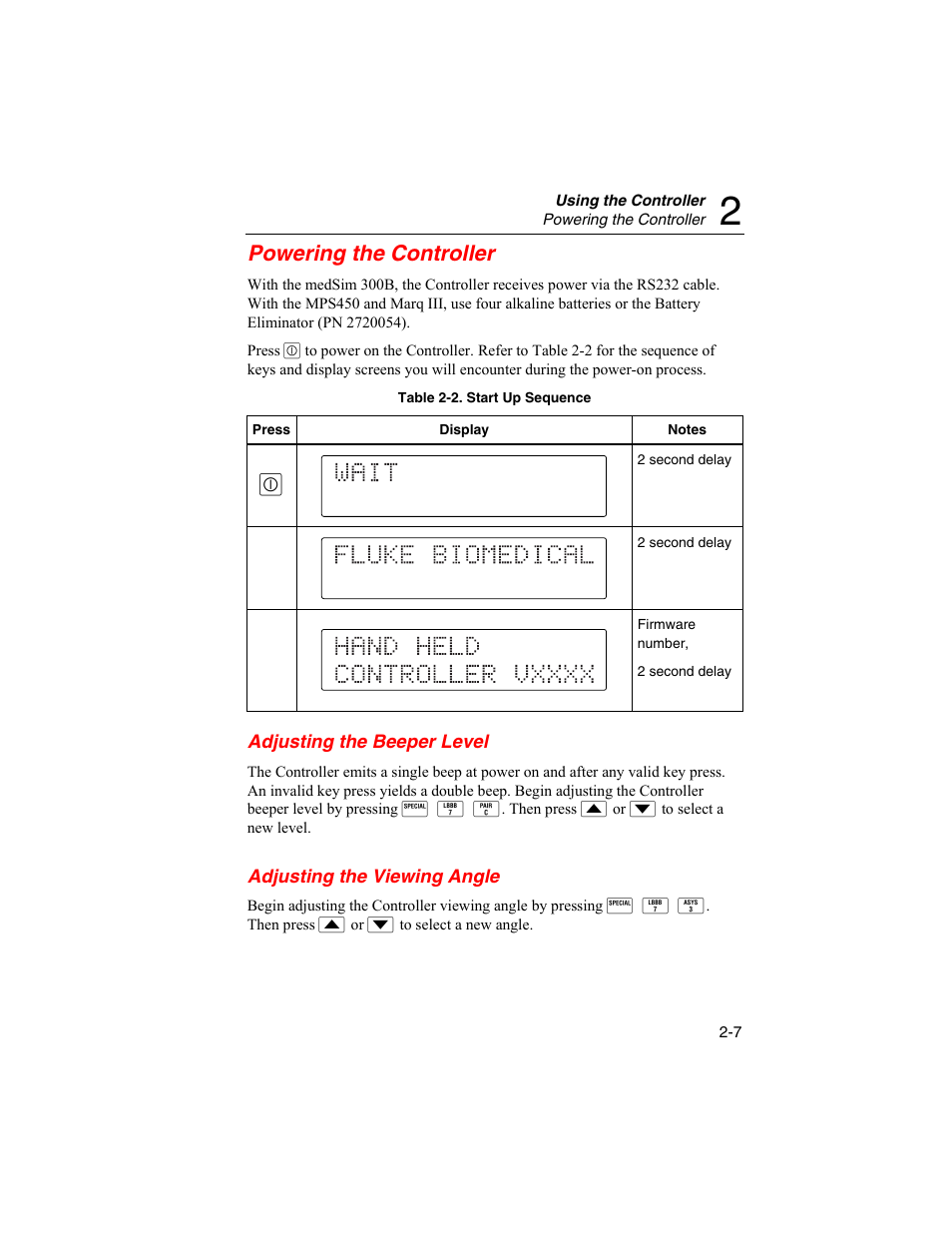 Powering the controller, Adjusting the beeper level, Adjusting the viewing angle | Fluke Biomedical HHC3 User Manual | Page 21 / 106