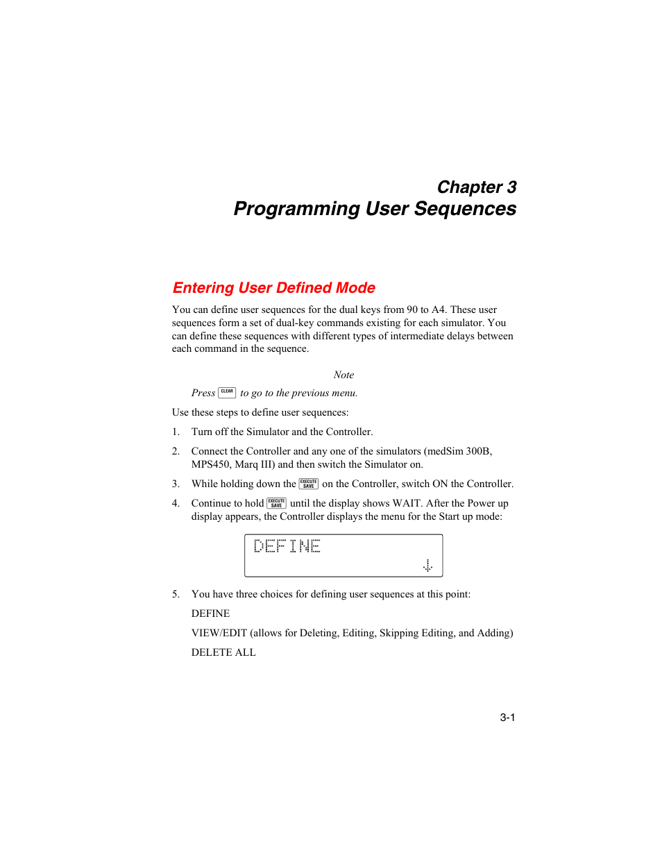 Programming user sequences, Entering user defined mode, Chapter 3 | Fluke Biomedical HHC3 User Manual | Page 27 / 106