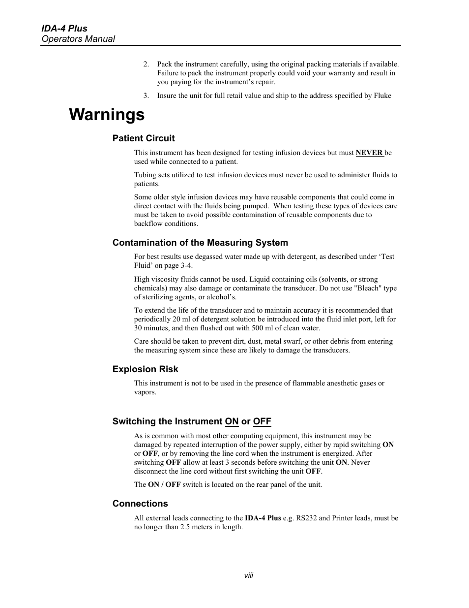 Warnings, Viii | Fluke Biomedical IDA-4 Plus User Manual | Page 10 / 74