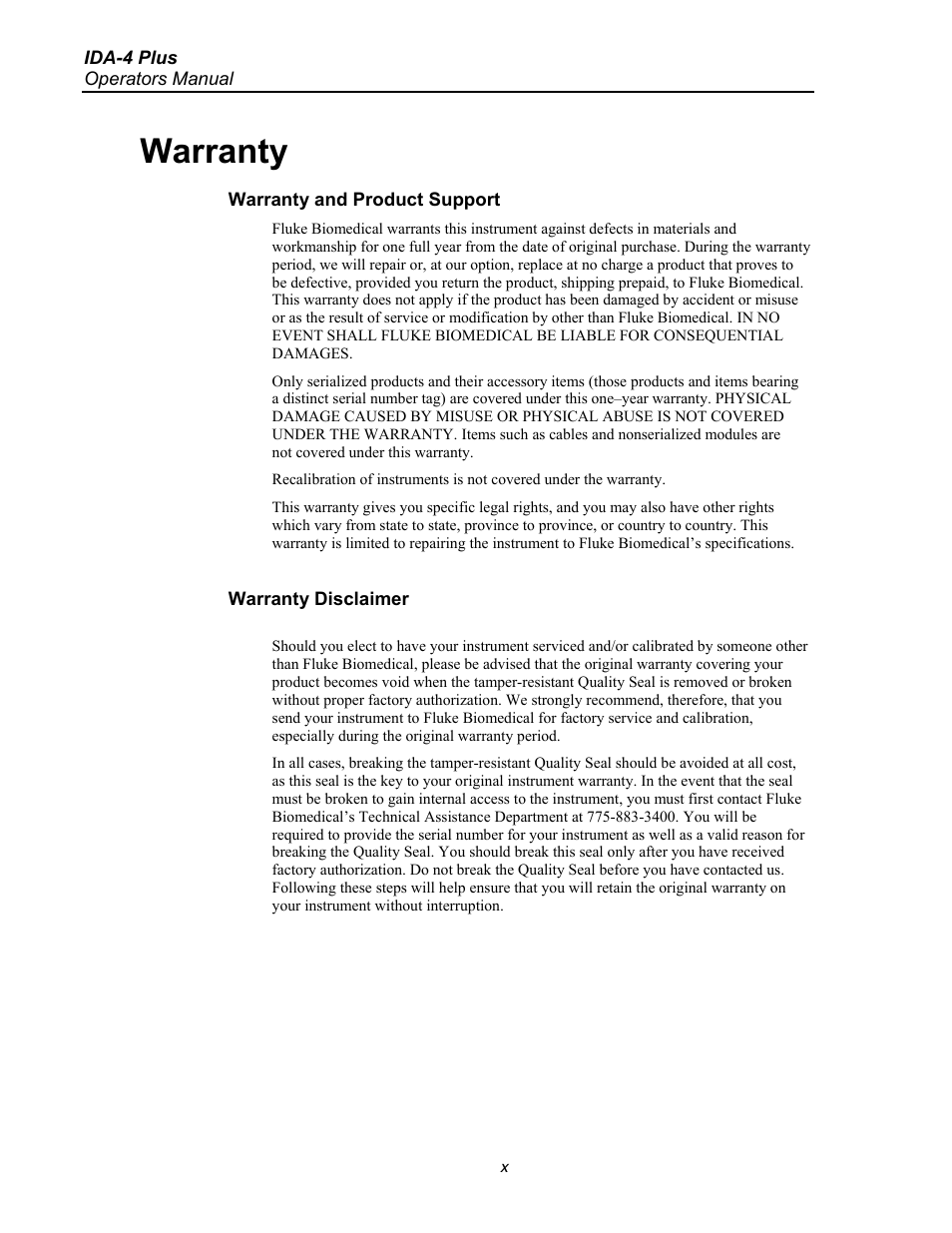 Warranty | Fluke Biomedical IDA-4 Plus User Manual | Page 12 / 74