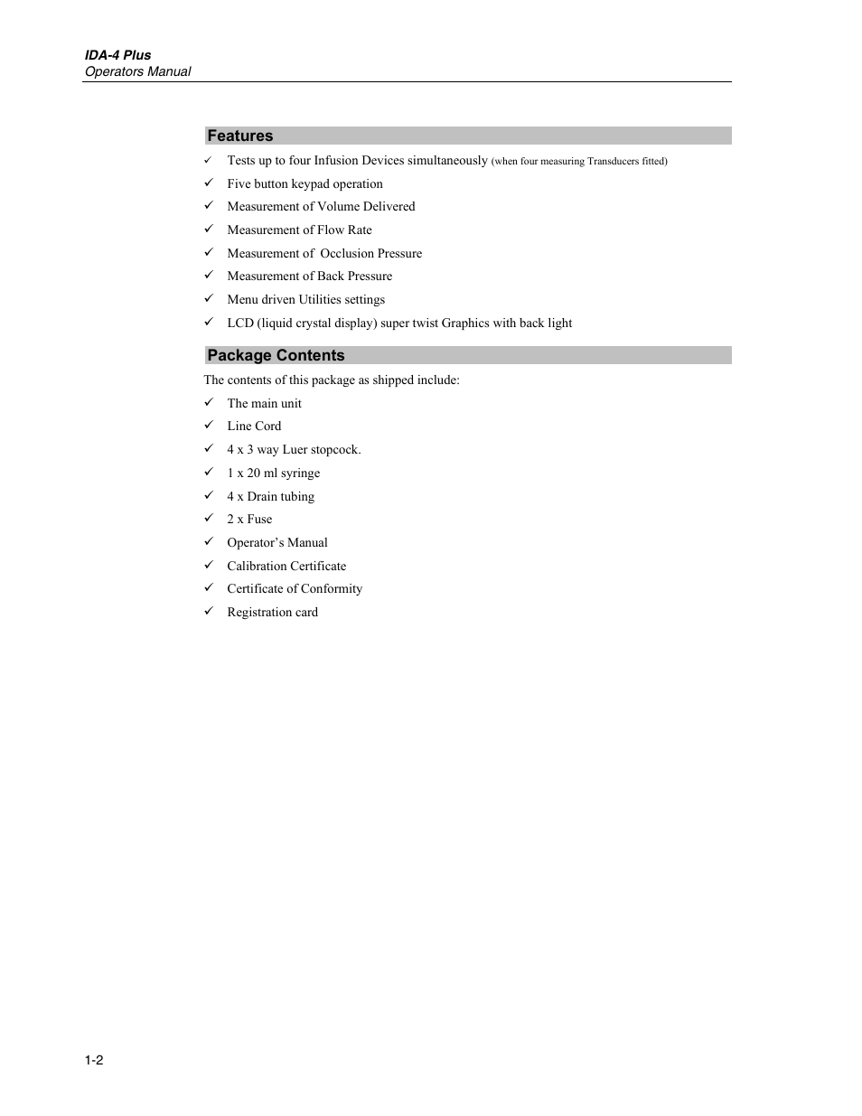Features, Package contents | Fluke Biomedical IDA-4 Plus User Manual | Page 14 / 74