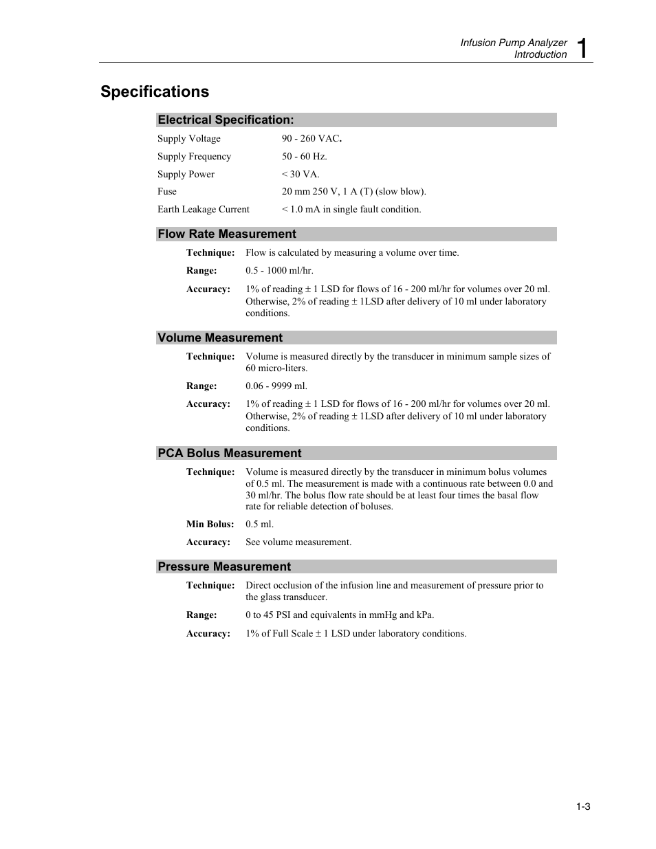 Specifications, Electrical specification, Flow rate measurement | Volume measurement, Pca bolus measurement, Pressure measurement | Fluke Biomedical IDA-4 Plus User Manual | Page 15 / 74