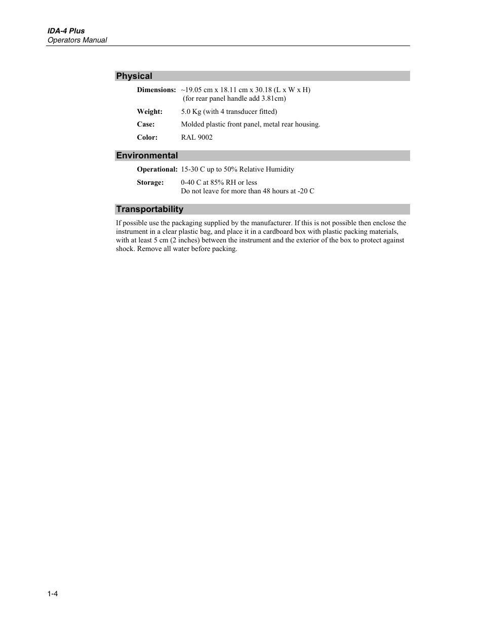 Physical, Environmental, Transportability | Fluke Biomedical IDA-4 Plus User Manual | Page 16 / 74