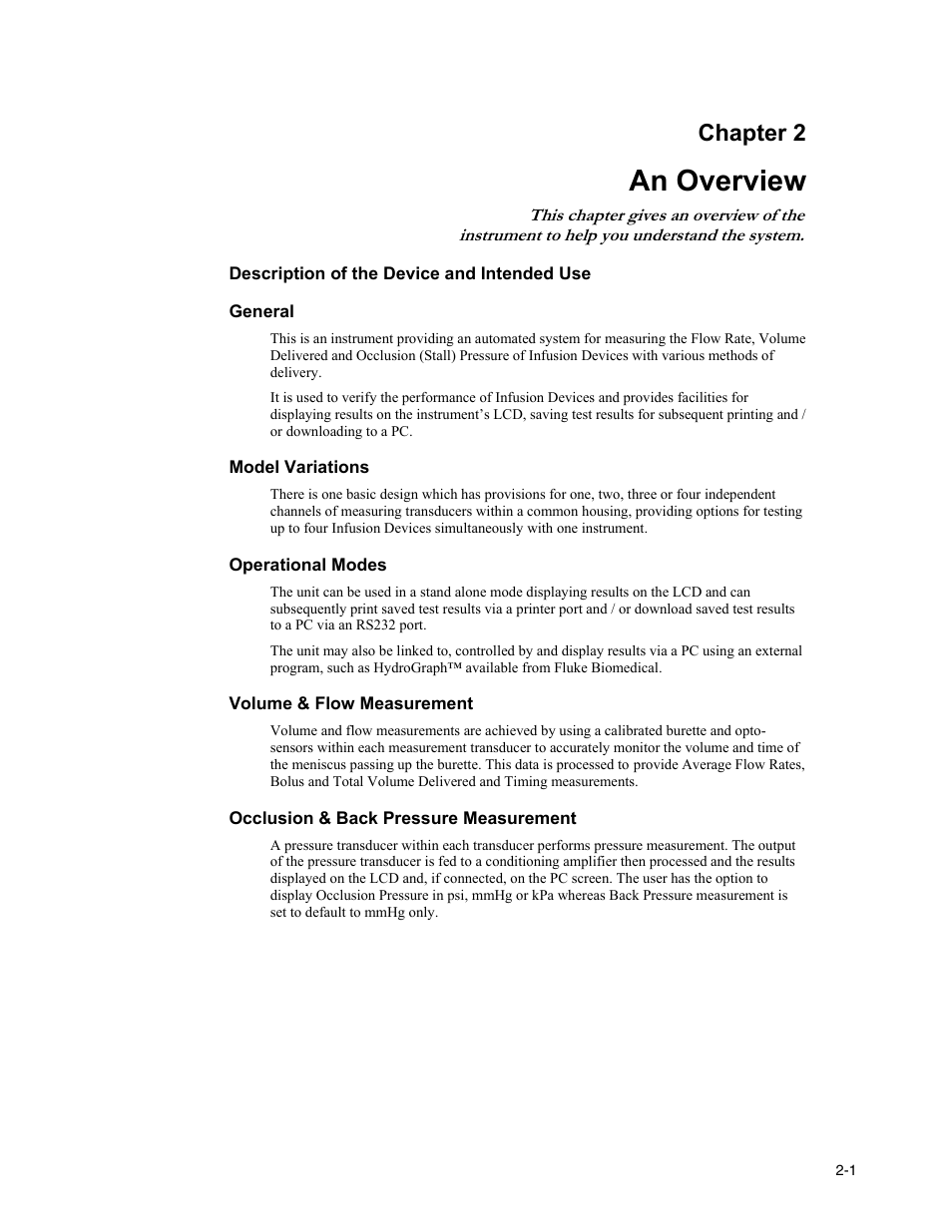 An overview, Description of the device and intended use, General | Model variations, Operational modes, Volume & flow measurement, Occlusion & back pressure measurement, Chapter 2 | Fluke Biomedical IDA-4 Plus User Manual | Page 17 / 74