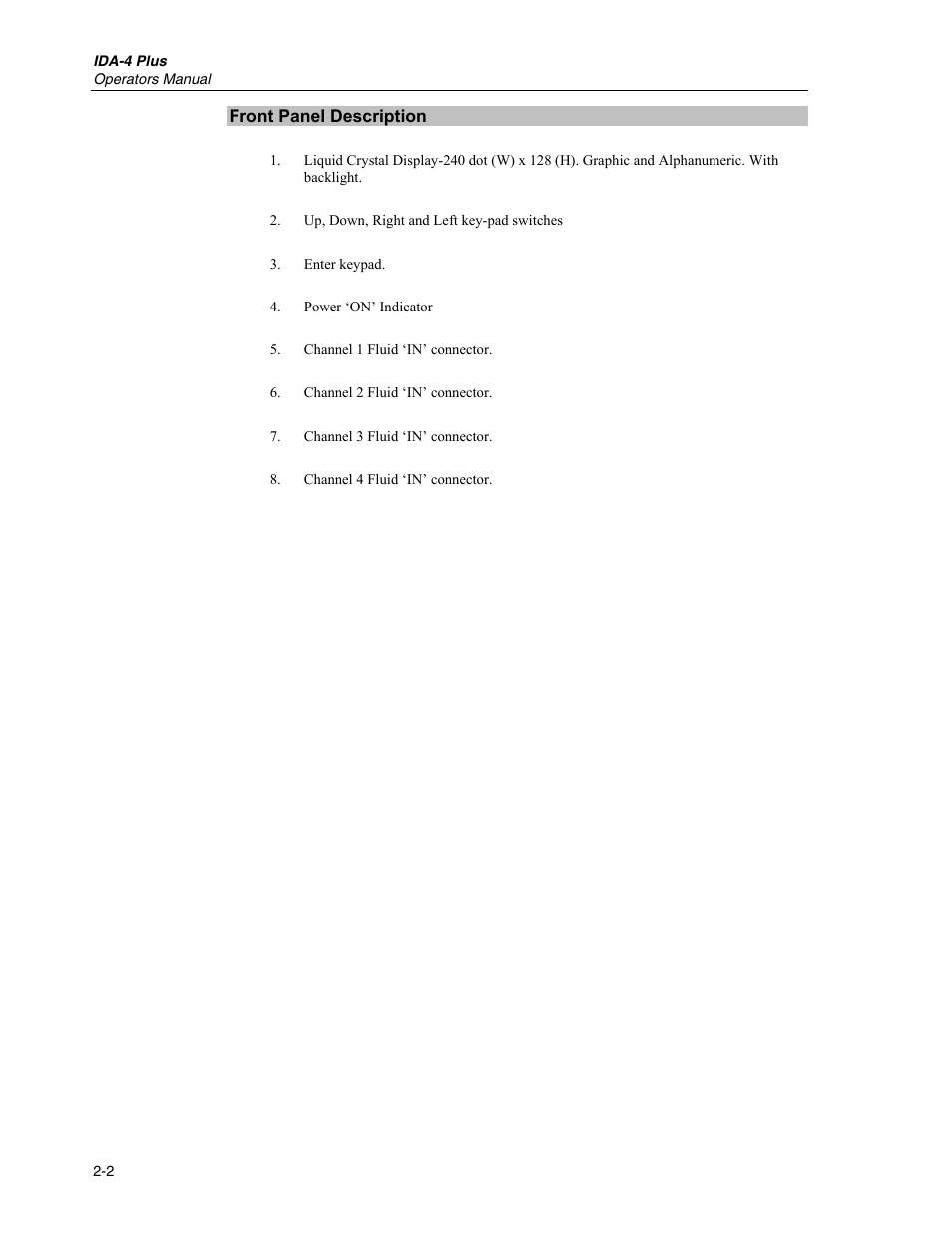 Front panel description | Fluke Biomedical IDA-4 Plus User Manual | Page 18 / 74