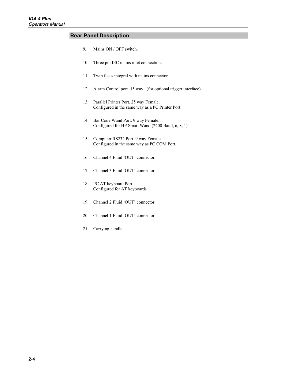 Rear panel description | Fluke Biomedical IDA-4 Plus User Manual | Page 20 / 74