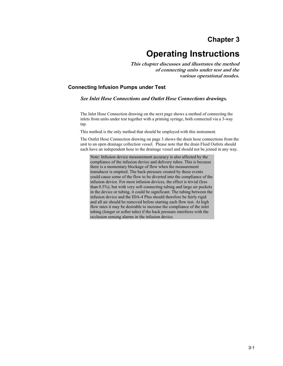 Operating instructions, Connecting infusion pumps under test, Chapter 3 | Fluke Biomedical IDA-4 Plus User Manual | Page 23 / 74