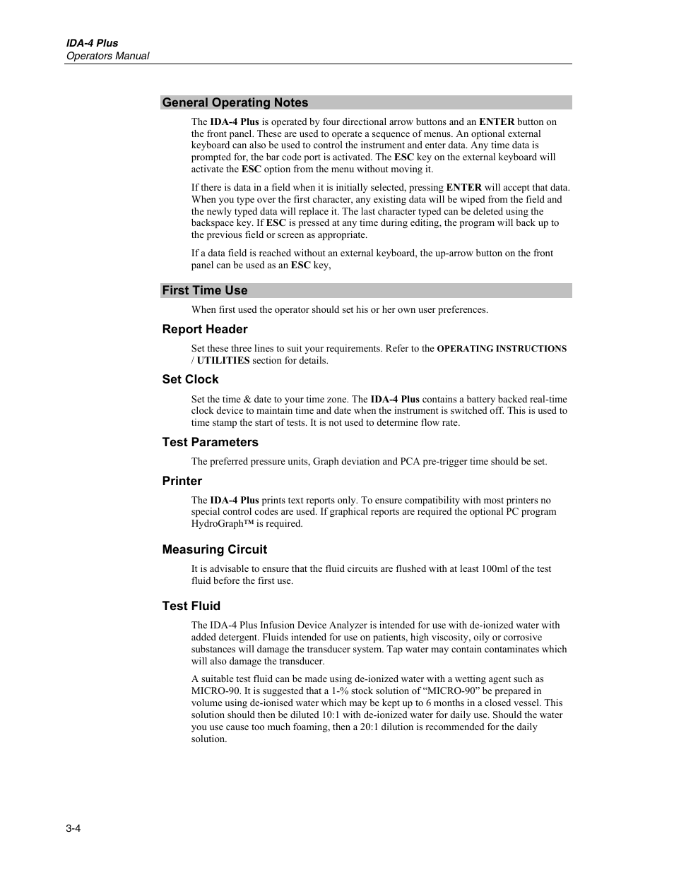 General operating notes, First time use, Report header | Set clock, Test parameters, Printer, Measuring circuit, Test fluid | Fluke Biomedical IDA-4 Plus User Manual | Page 26 / 74