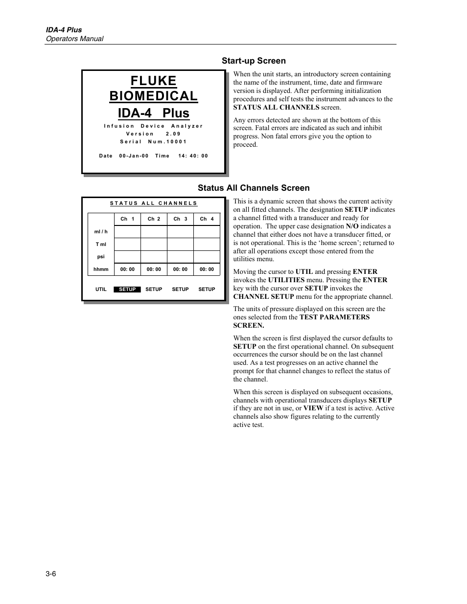 Start-up screen, Status all channels screen, Fluke biomedical ida-4 plus | Fluke Biomedical IDA-4 Plus User Manual | Page 28 / 74