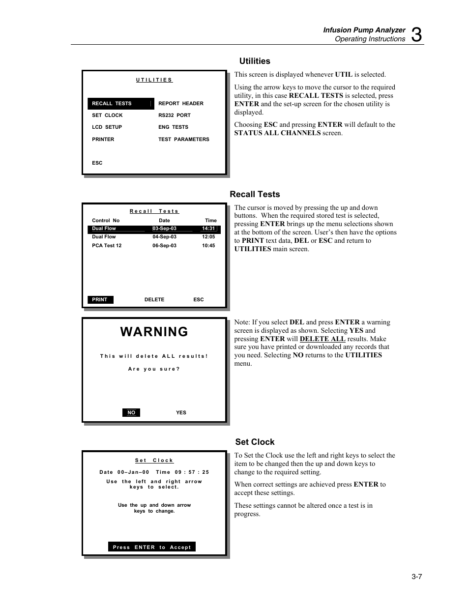 Utilities, Recall tests, Set clock | Warning | Fluke Biomedical IDA-4 Plus User Manual | Page 29 / 74
