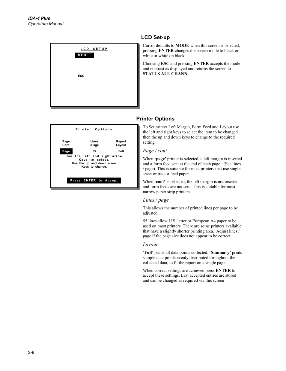 Lcd set-up, Printer options, Page / cont | Lines / page, Layout | Fluke Biomedical IDA-4 Plus User Manual | Page 30 / 74