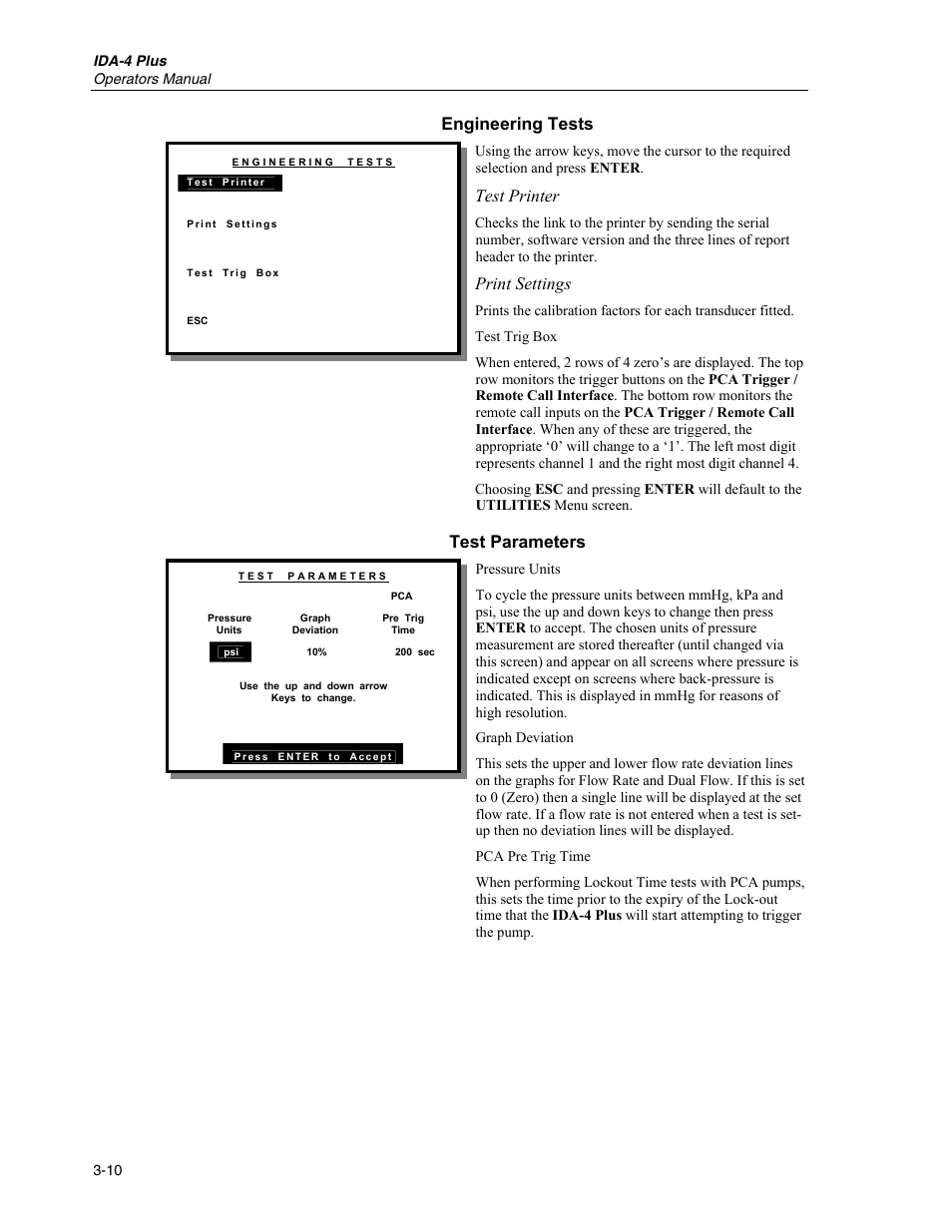 Engineering tests, Test parameters, Test printer | Print settings | Fluke Biomedical IDA-4 Plus User Manual | Page 32 / 74