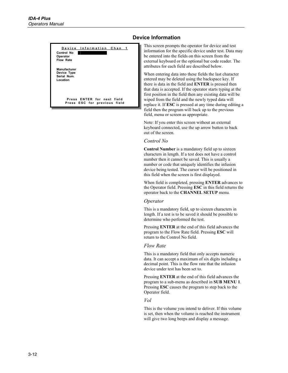 Device information, Control no, Operator | Flow rate | Fluke Biomedical IDA-4 Plus User Manual | Page 34 / 74