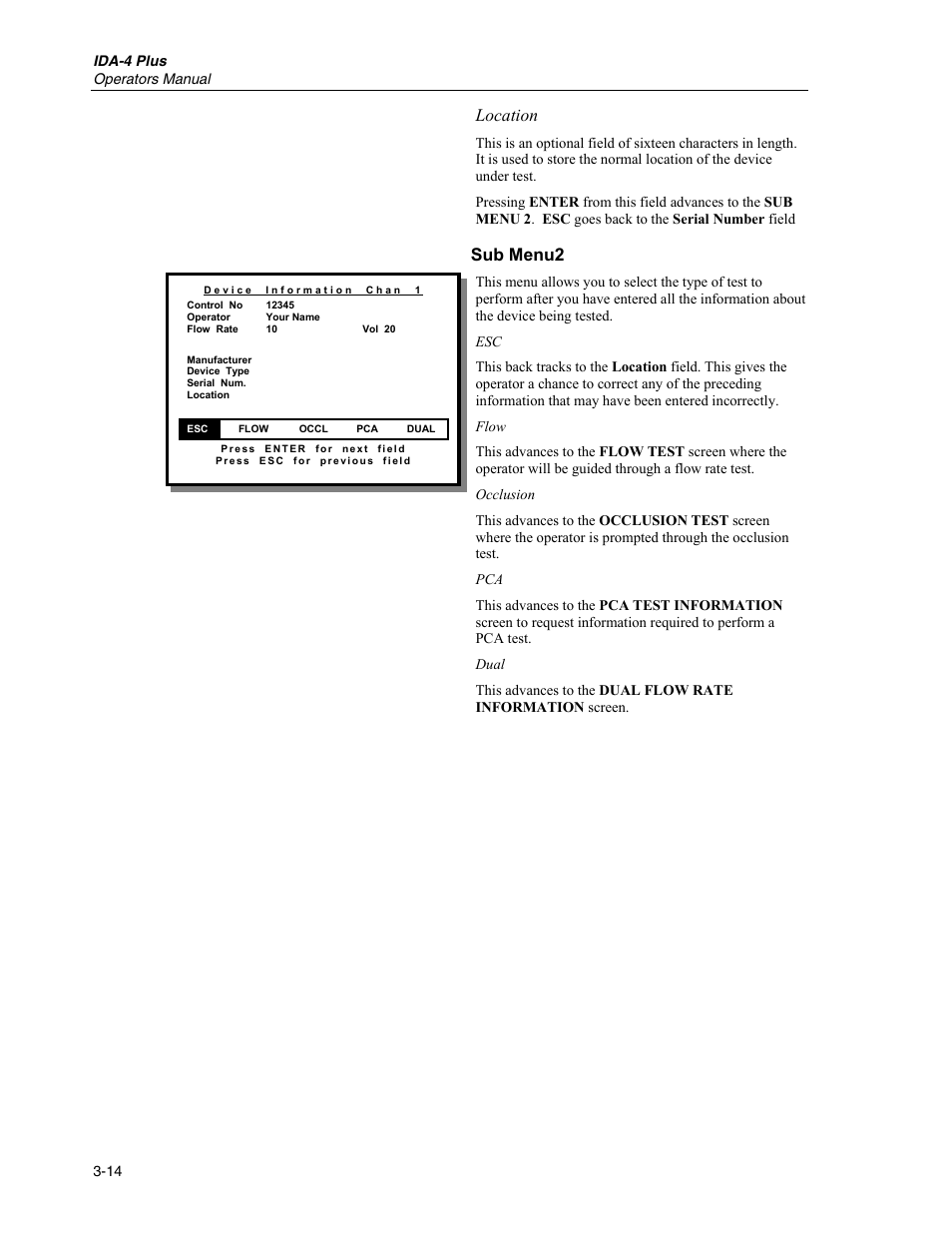 Sub menu2, Location | Fluke Biomedical IDA-4 Plus User Manual | Page 36 / 74