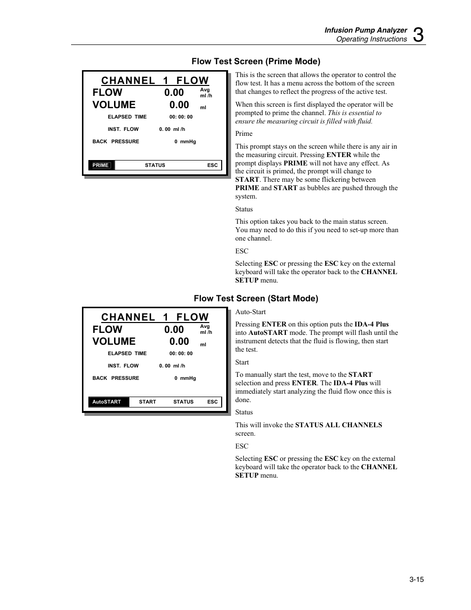 Flow test screen (prime mode), Flow test screen (start mode), Channel 1 flow flow | Volume 0.00 | Fluke Biomedical IDA-4 Plus User Manual | Page 37 / 74