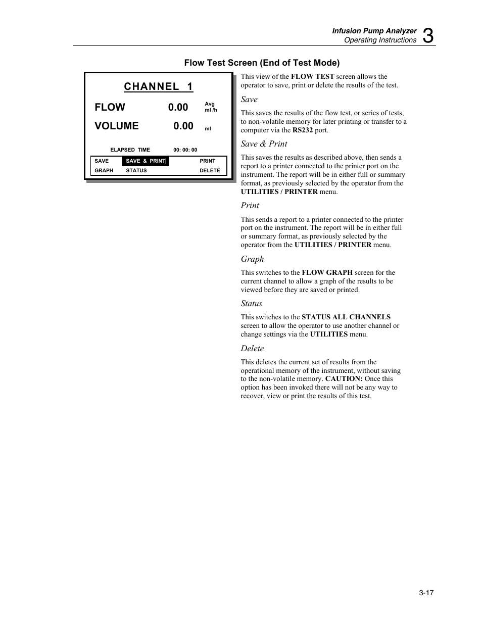 Flow test screen (end of test mode), Channel 1 flow, Volume 0.00 | Fluke Biomedical IDA-4 Plus User Manual | Page 39 / 74