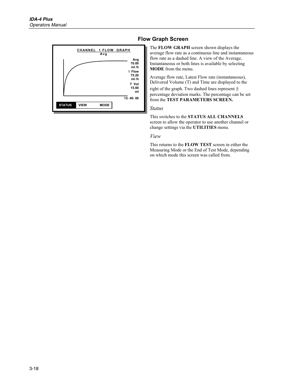 Flow graph screen, Status, View | Fluke Biomedical IDA-4 Plus User Manual | Page 40 / 74