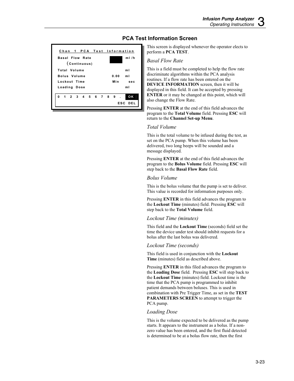 Pca test information screen, Basal flow rate, Total volume | Bolus volume, Lockout time (minutes), Lockout time (seconds), Loading dose | Fluke Biomedical IDA-4 Plus User Manual | Page 45 / 74