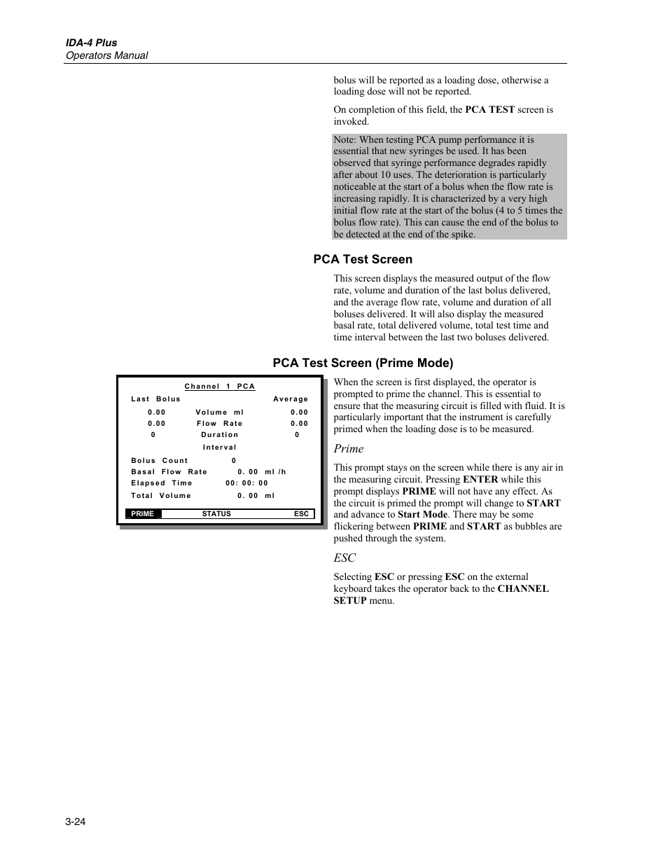 Pca test screen, Pca test screen (prime mode), Prime | Fluke Biomedical IDA-4 Plus User Manual | Page 46 / 74
