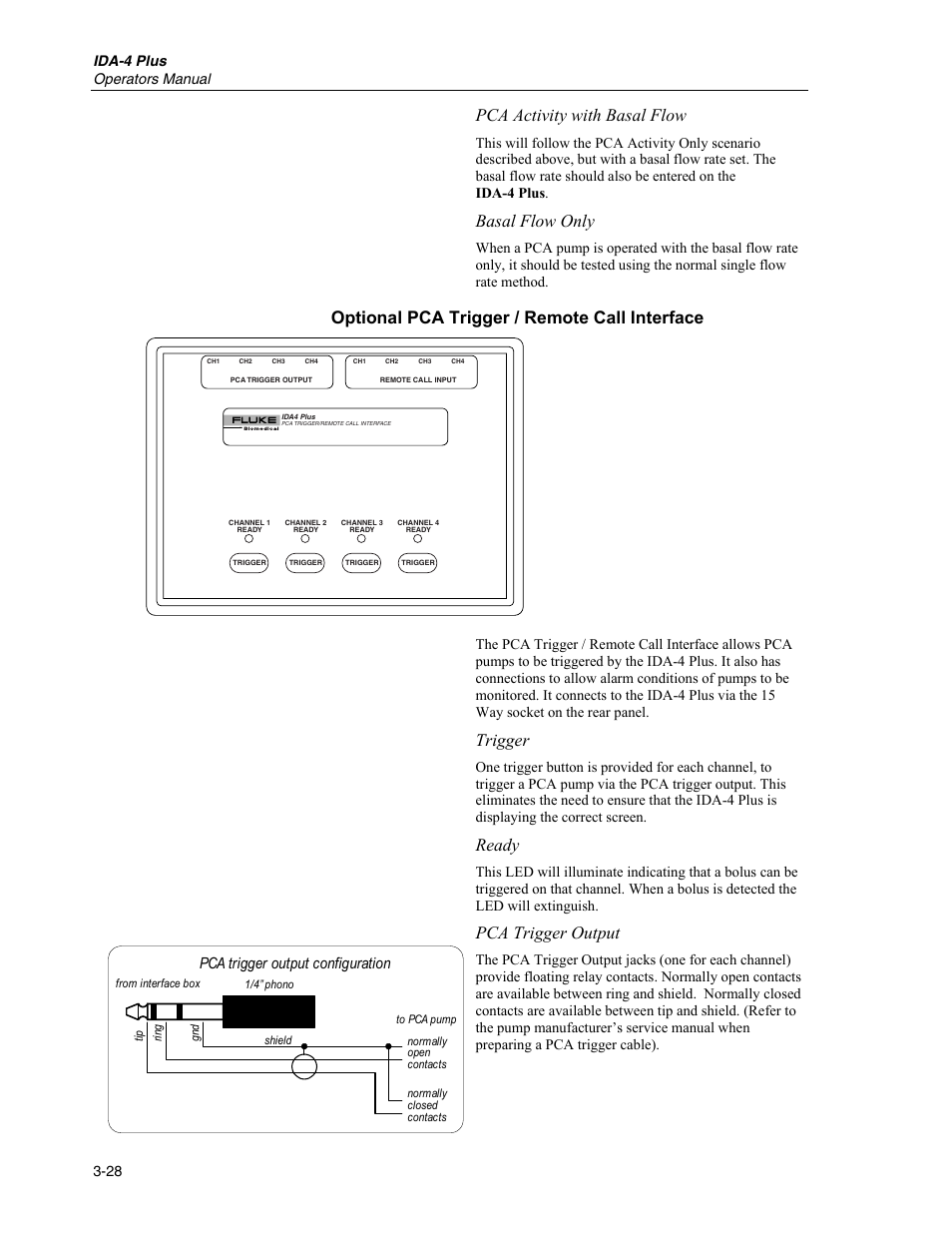 Pca activity with basal flow, Basal flow only, Optional pca trigger / remote call interface | Trigger, Ready, Pca trigger output, Pca trigger output configuration, Ida-4 plus operators manual 3-28 | Fluke Biomedical IDA-4 Plus User Manual | Page 50 / 74