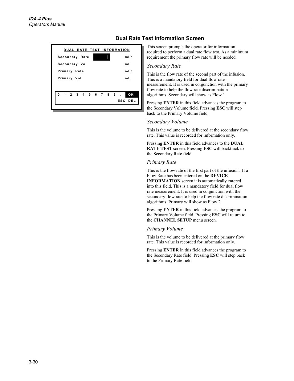 Dual rate test information screen, Secondary rate, Secondary volume | Primary rate, Primary volume | Fluke Biomedical IDA-4 Plus User Manual | Page 52 / 74