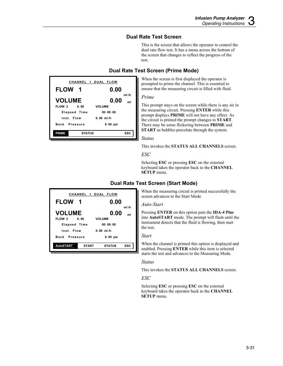 Flow 1, Volume 0.00, Dual rate test screen | Dual rate test screen (prime mode), Prime, Status, Dual rate test screen (start mode), Auto-start, Start | Fluke Biomedical IDA-4 Plus User Manual | Page 53 / 74