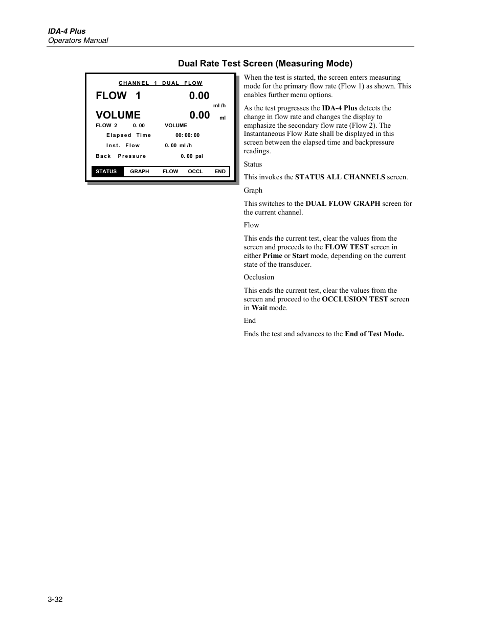 Flow 1, Volume 0.00, Dual rate test screen (measuring mode) | Fluke Biomedical IDA-4 Plus User Manual | Page 54 / 74