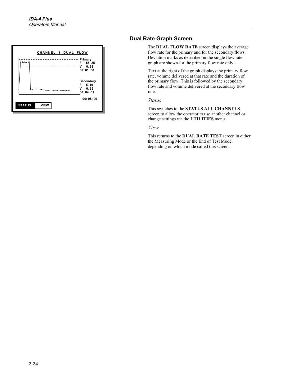 Dual rate graph screen, Status, View | Fluke Biomedical IDA-4 Plus User Manual | Page 56 / 74