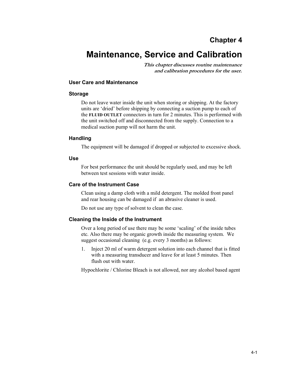 Maintenance, service and calibration, User care and maintenance, Storage | Handling, Care of the instrument case, Cleaning the inside of the instrument, Chapter 4 | Fluke Biomedical IDA-4 Plus User Manual | Page 59 / 74