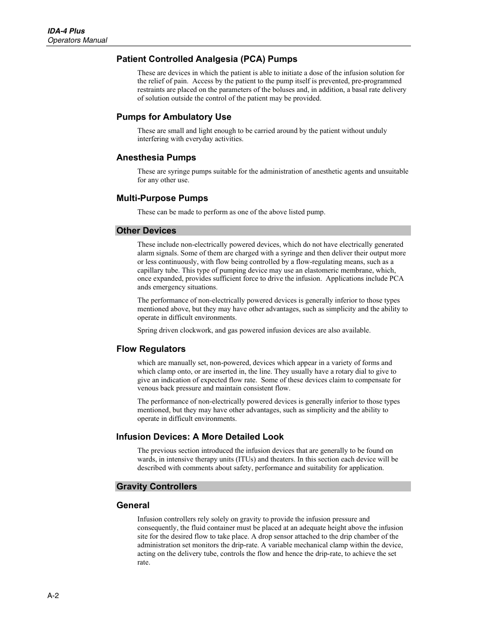 Patient controlled analgesia (pca) pumps, Pumps for ambulatory use, Anesthesia pumps | Multi-purpose pumps, Other devices, Flow regulators, Infusion devices: a more detailed look, Gravity controllers, General | Fluke Biomedical IDA-4 Plus User Manual | Page 62 / 74