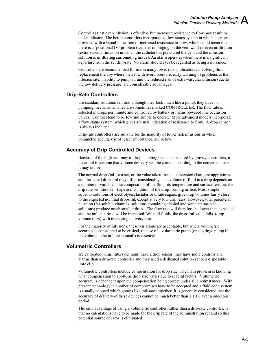 Drip-rate controllers, Accuracy of drip controlled devices, Volumetric controllers | Fluke Biomedical IDA-4 Plus User Manual | Page 63 / 74