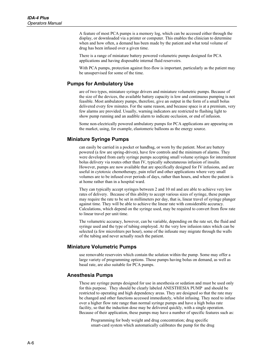 Pumps for ambulatory use, Miniature syringe pumps, Miniature volumetric pumps | Fluke Biomedical IDA-4 Plus User Manual | Page 66 / 74