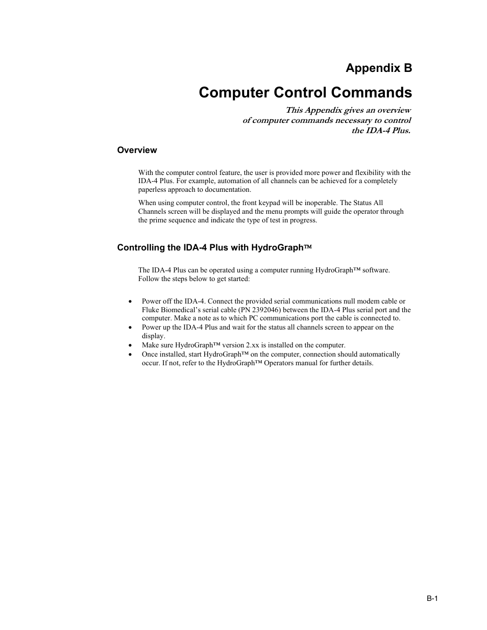 B. computer control commands, Overview, Controlling the ida-4 with hydrograph | Computer control commands, Appendix b | Fluke Biomedical IDA-4 Plus User Manual | Page 69 / 74