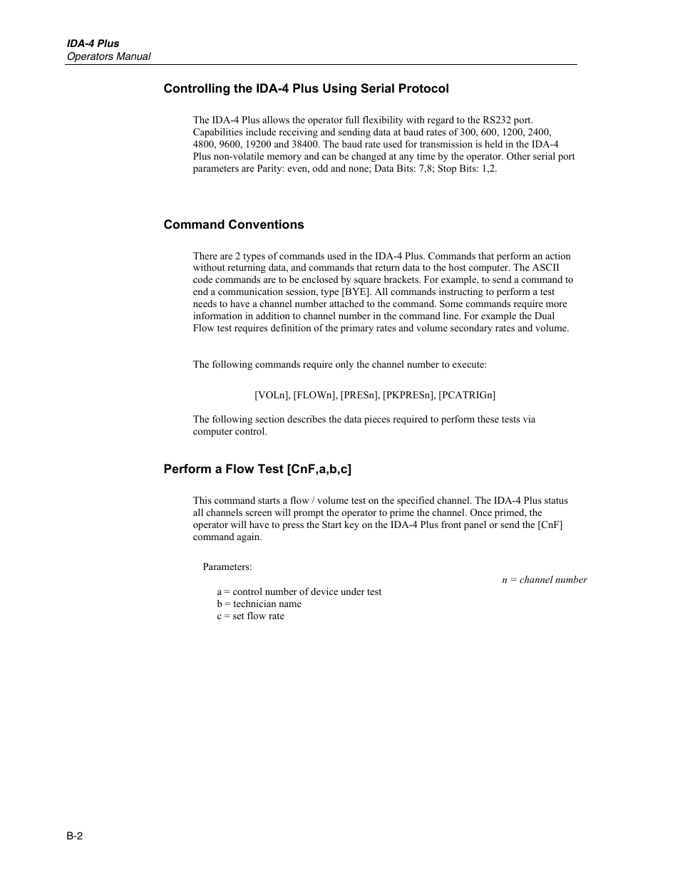 Controlling the ida-4 plus using serial protocol, Command conventions, Perform a flow test [cnf,a,b,c | Fluke Biomedical IDA-4 Plus User Manual | Page 70 / 74