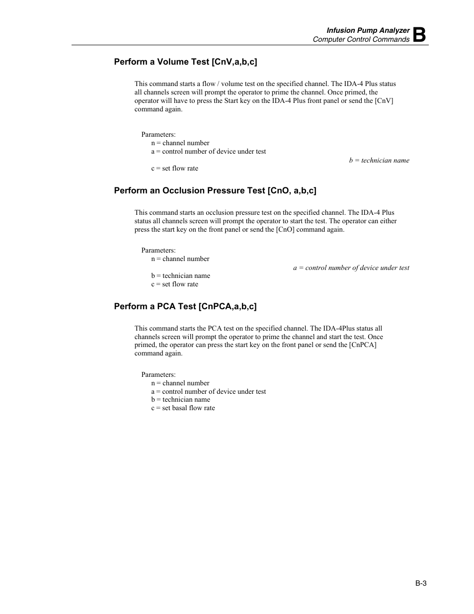 Perform a volume test [cnv,a,b,c, Perform an occlusion pressure test [cno, a,b,c, Perform a pca test [cnpca,a,b,c | Fluke Biomedical IDA-4 Plus User Manual | Page 71 / 74