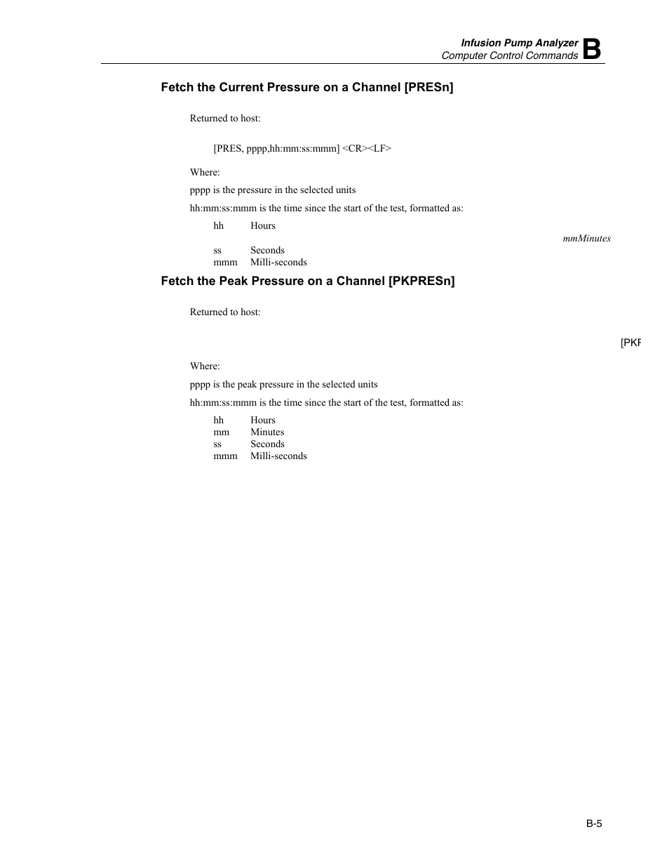 Fetch the current pressure on a channel [presn, Fetch the peak pressure on a channel [pkpresn | Fluke Biomedical IDA-4 Plus User Manual | Page 73 / 74