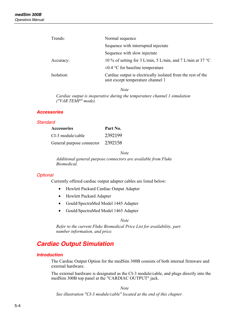 Accessories, Standard, Optional | Cardiac output simulation, Introduction | Fluke Biomedical medSim 300B User Manual | Page 140 / 158