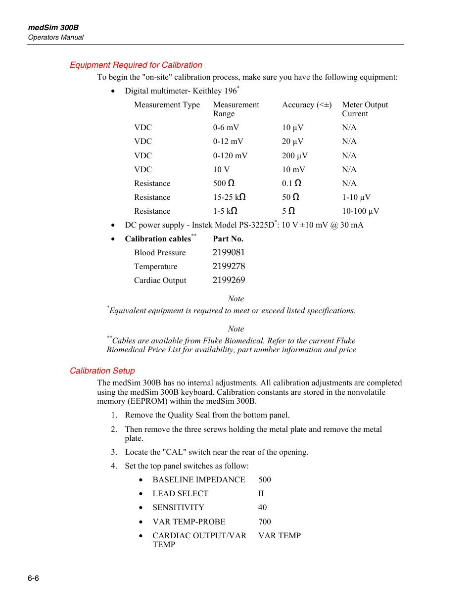 Equipment required for calibration, Calibration setup | Fluke Biomedical medSim 300B User Manual | Page 154 / 158