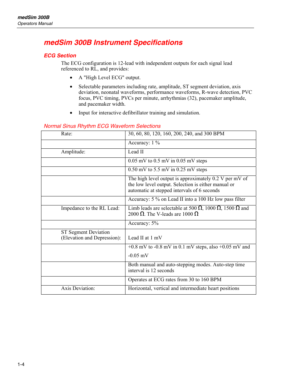 Medsim 300b instrument specifications, Ecg section, Normal sinus rhythm ecg waveform selections | Fluke Biomedical medSim 300B User Manual | Page 16 / 158