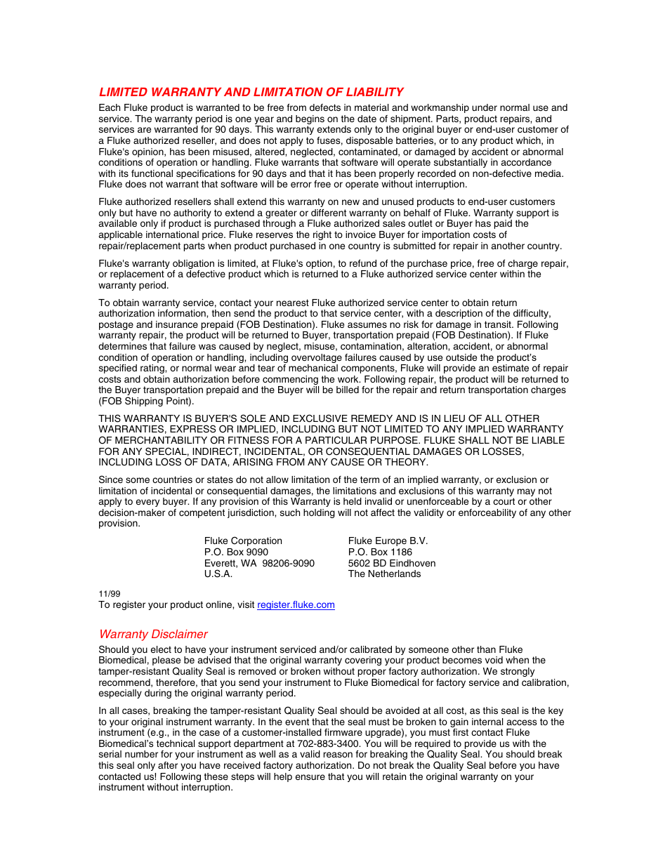 Limited warranty and limitation of liability | Fluke Biomedical medSim 300B User Manual | Page 2 / 158