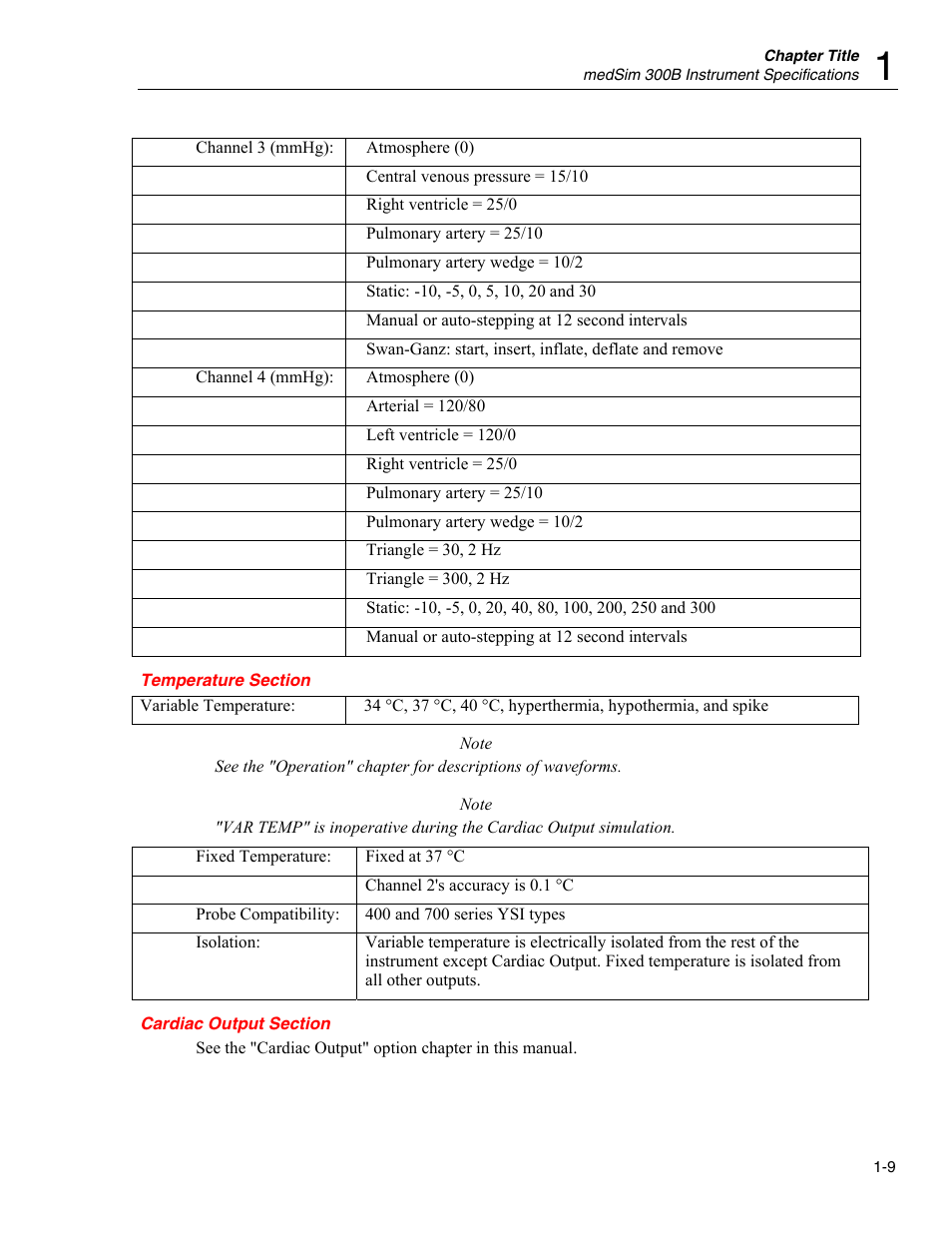 Temperature section, Cardiac output section | Fluke Biomedical medSim 300B User Manual | Page 21 / 158