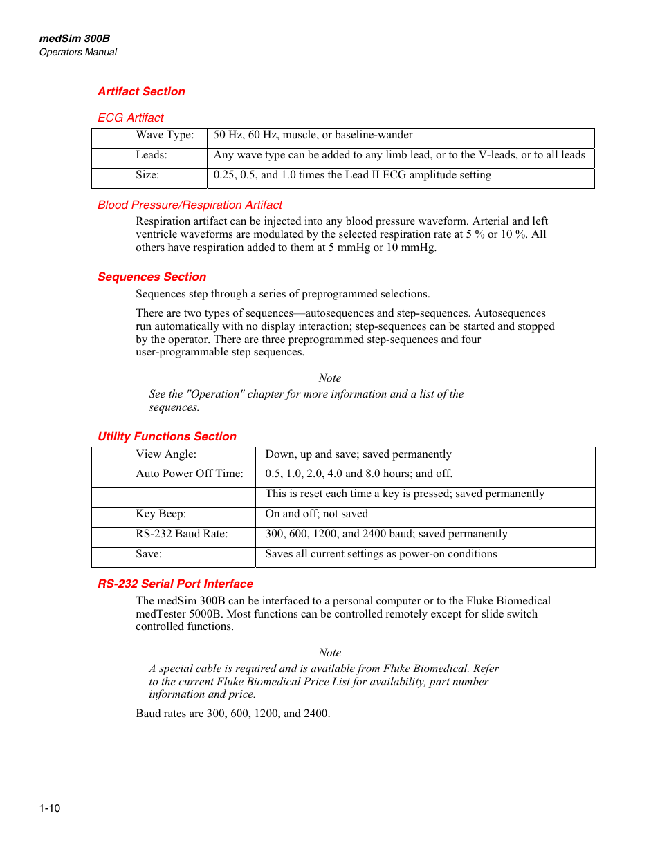 Artifact section, Ecg artifact, Blood pressure/respiration artifact | Sequences section, Utility functions section, Rs-232 serial port interface | Fluke Biomedical medSim 300B User Manual | Page 22 / 158