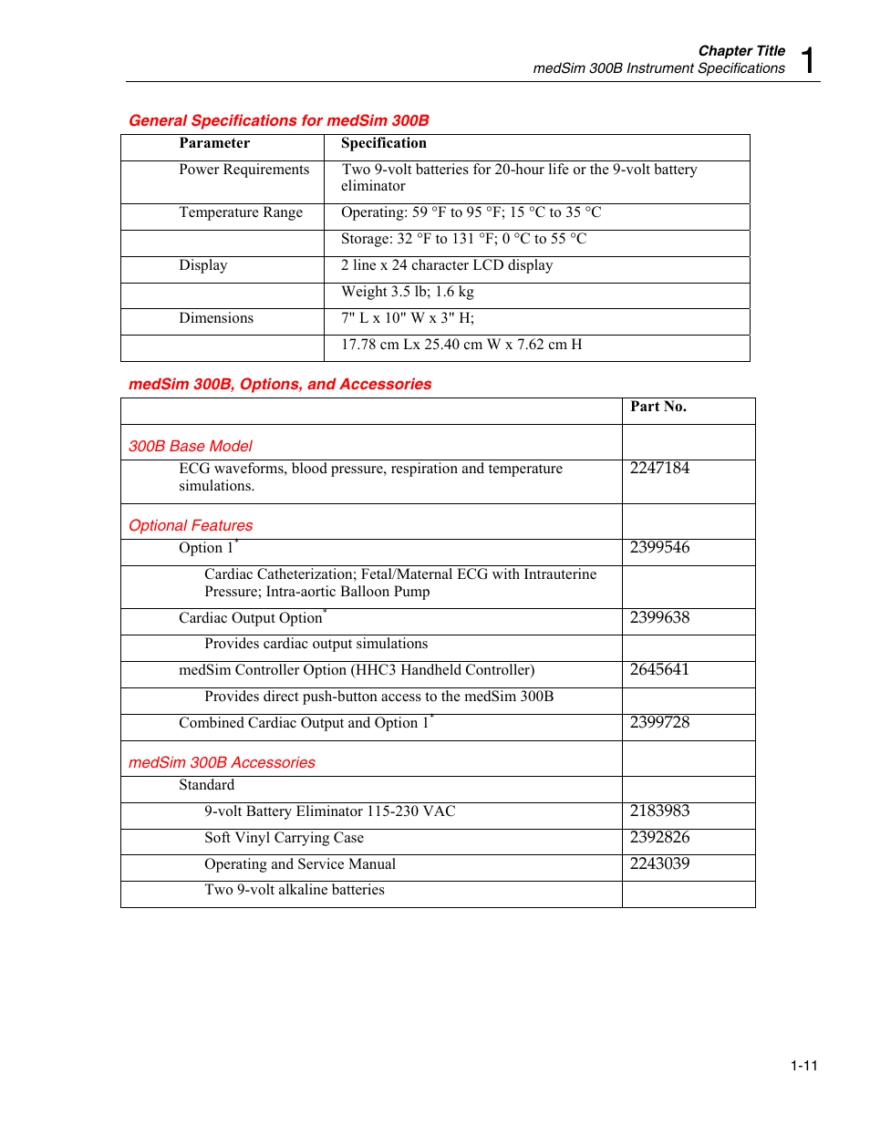 General specifications for medsim 300b, Medsim 300b, options, and accessories, 300b base model | Optional features, Medsim 300b accessories | Fluke Biomedical medSim 300B User Manual | Page 23 / 158