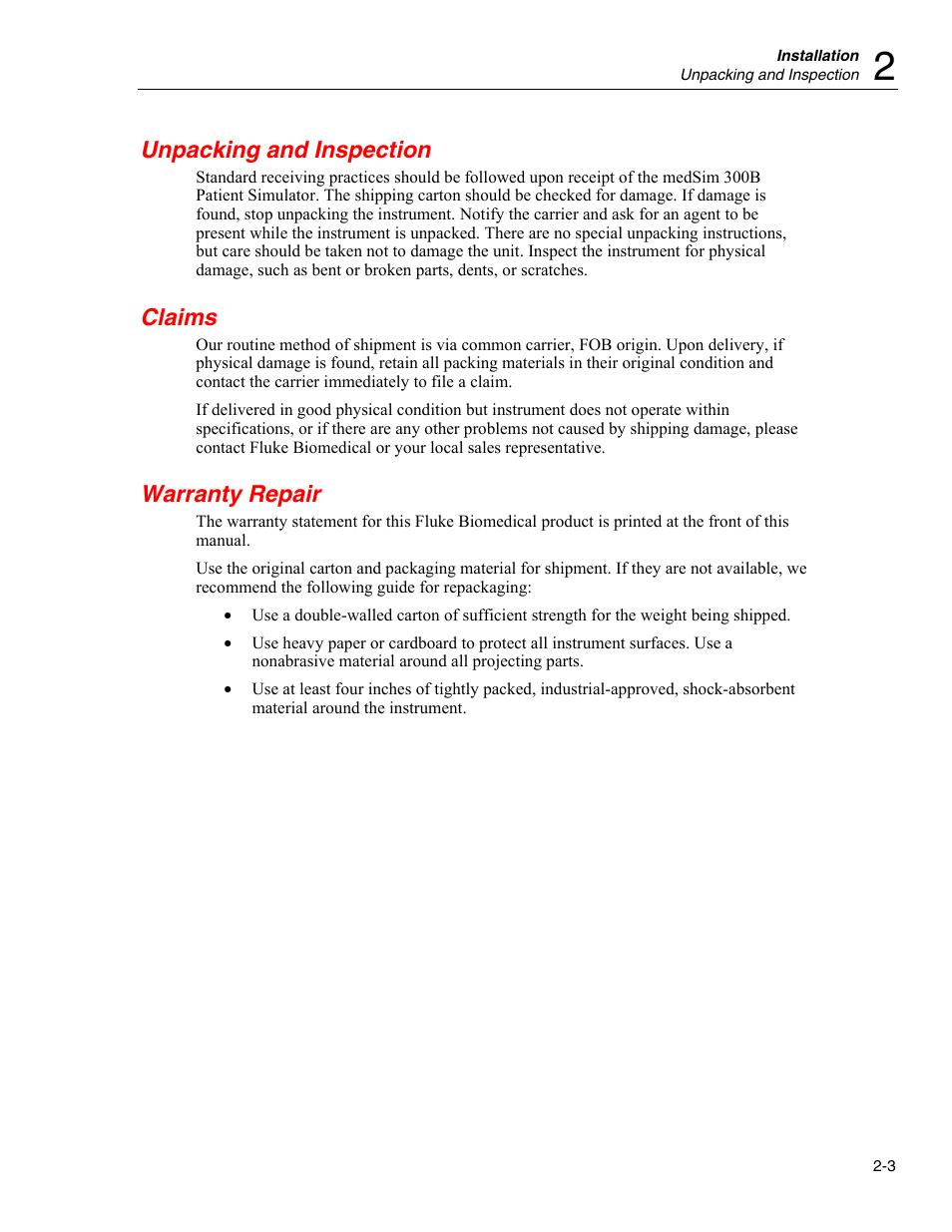 Unpacking and inspection, Claims, Warranty repair | Fluke Biomedical medSim 300B User Manual | Page 27 / 158