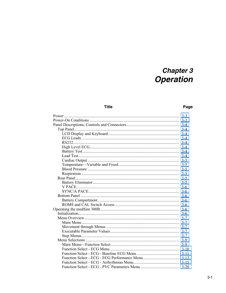 Operation, Chapter 3 | Fluke Biomedical medSim 300B User Manual | Page 29 / 158