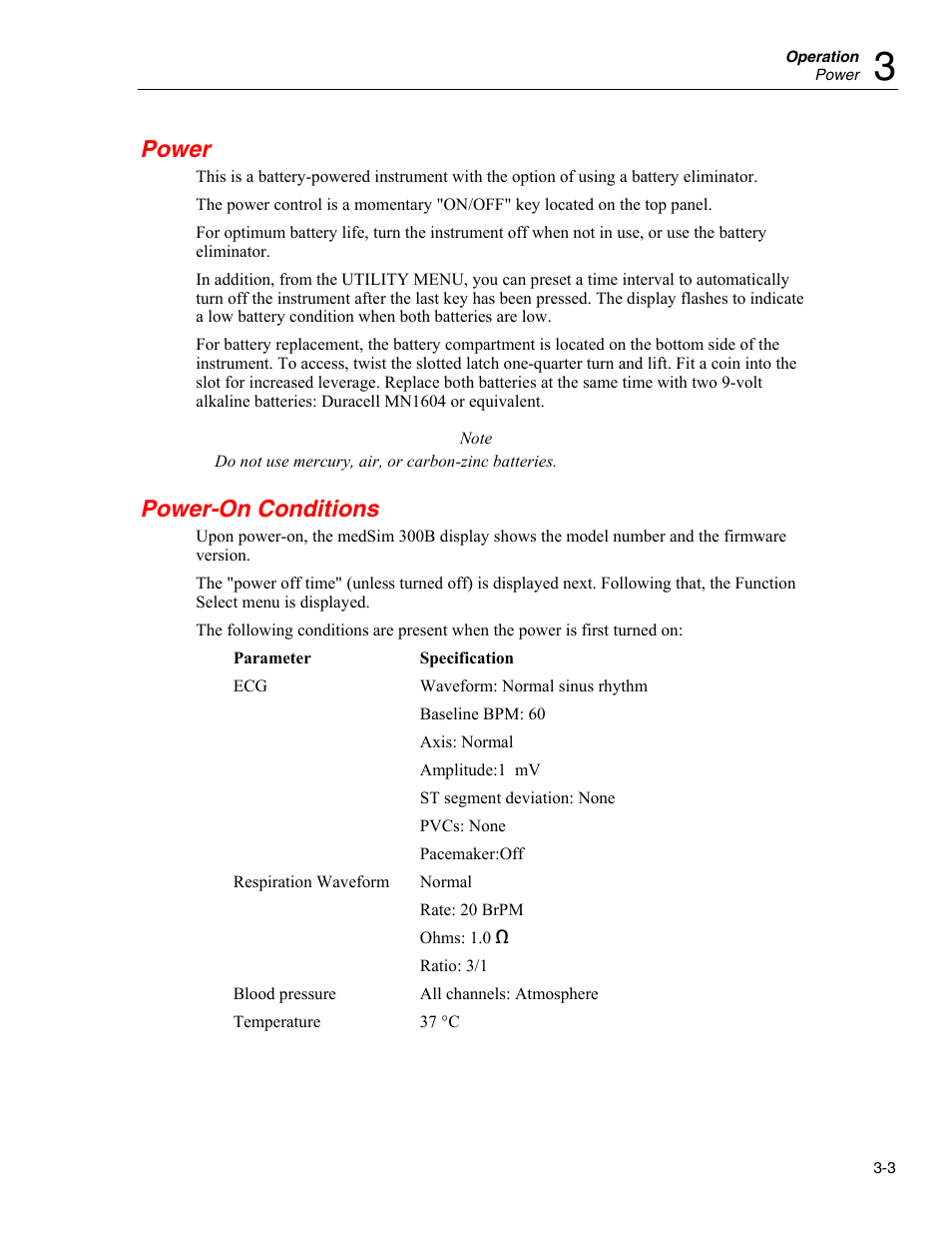 Power, Power-on conditions | Fluke Biomedical medSim 300B User Manual | Page 31 / 158