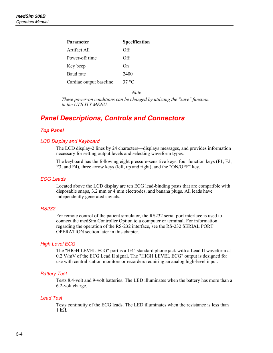 Power, Power-on conditions, Panel descriptions, controls and connectors | Fluke Biomedical medSim 300B User Manual | Page 32 / 158