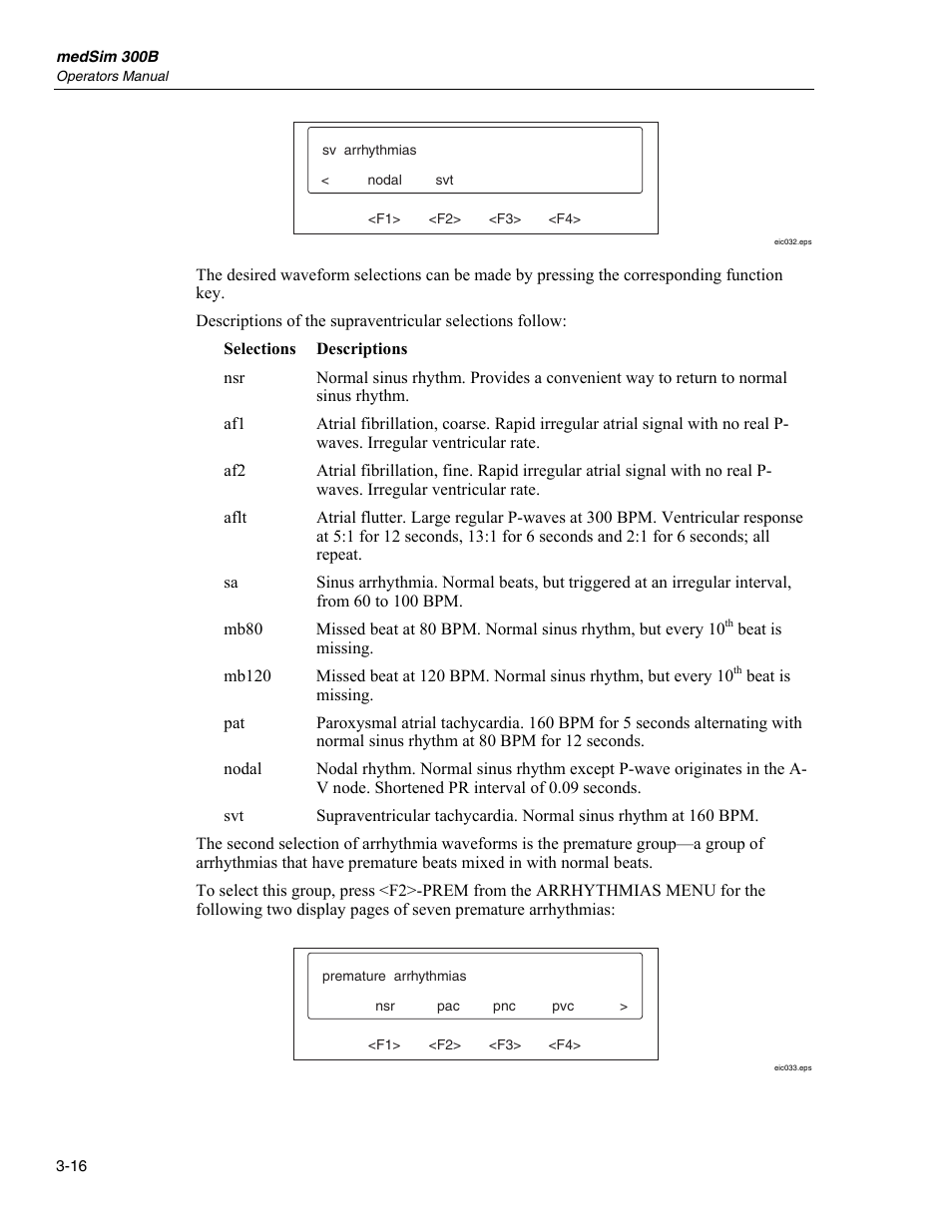 Function select - ecg - arrhythmias menu | Fluke Biomedical medSim 300B User Manual | Page 44 / 158