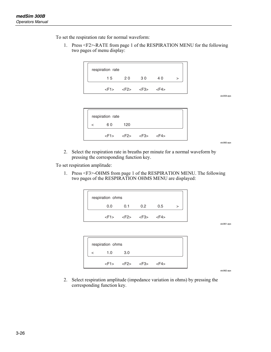 Function select - respiration menu | Fluke Biomedical medSim 300B User Manual | Page 54 / 158